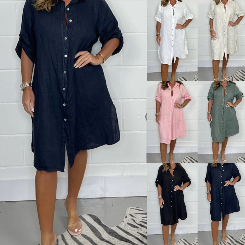 Casual Loose Linen Shirt Dress - Vestido-camisa de linho, com mangas 3/4,