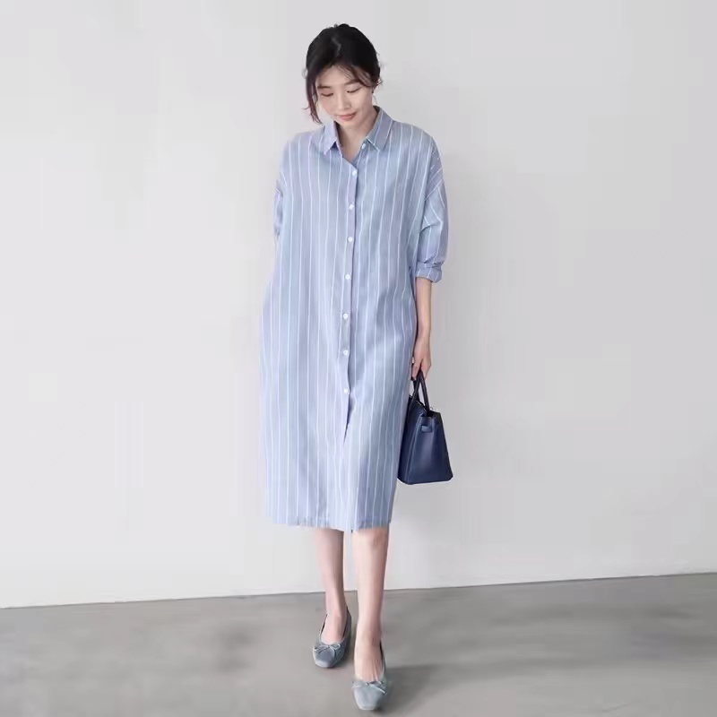Korean Style A Line Shirt Dress - Vestido Camisa Listrado Azul Feminino Solto