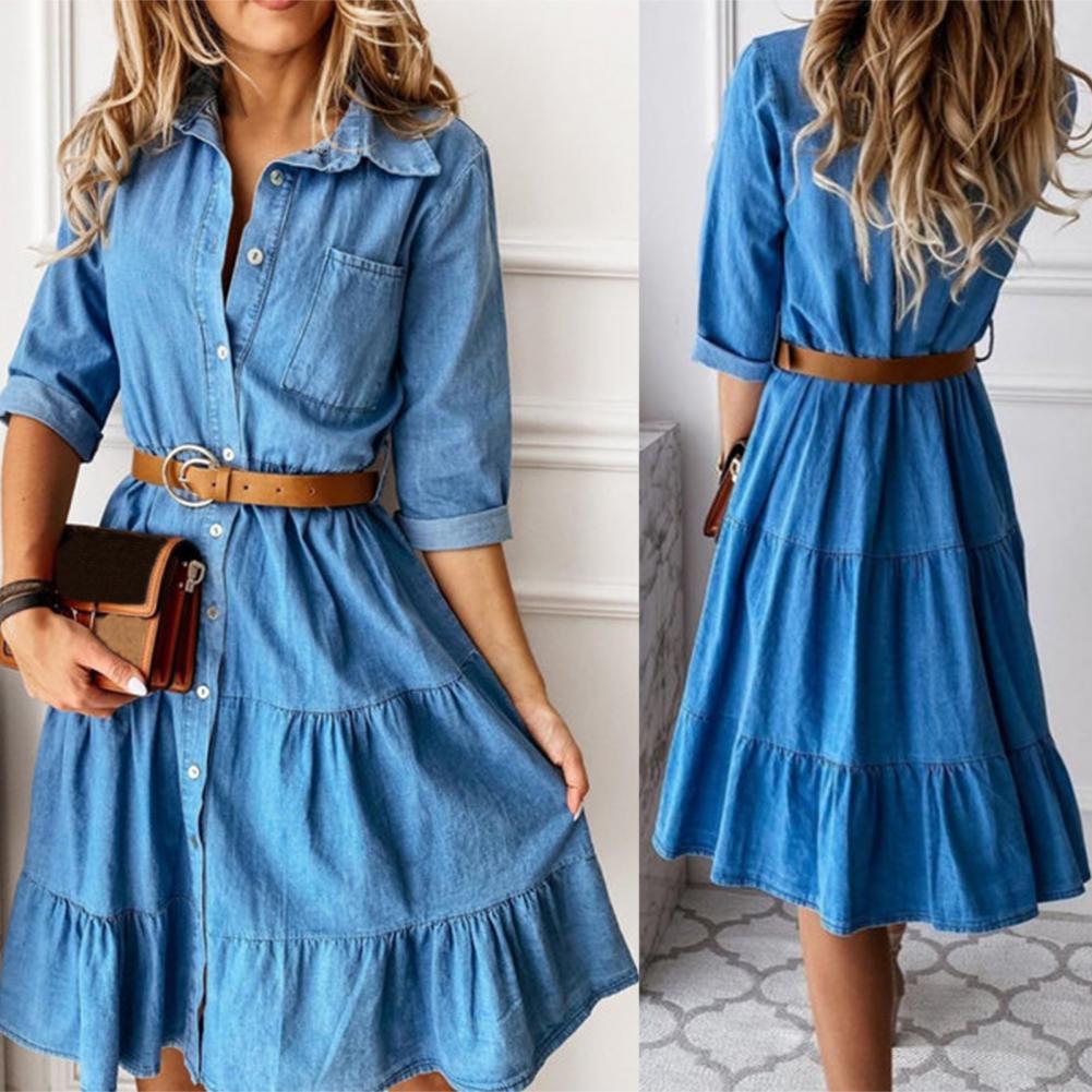 French Vintage Floral Midi Dress - Vestido Jeans com Manga Três Quartos