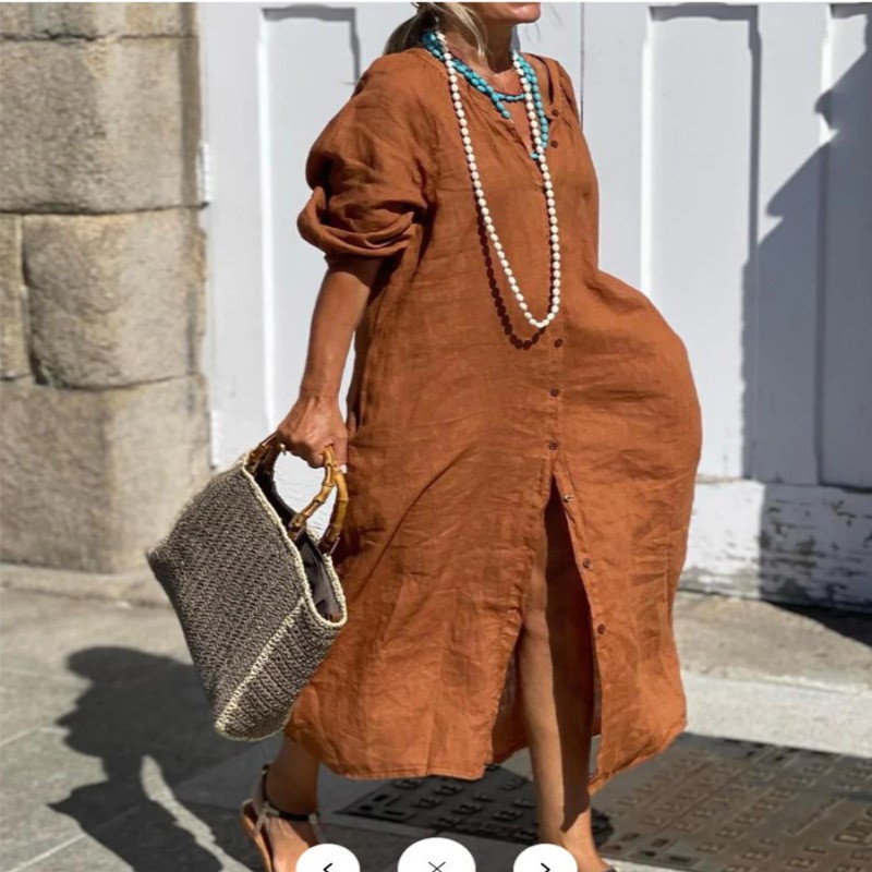 Vestido Feminino Elegante de A - Casual Loose Linen Shirt Dress avaliação e preço