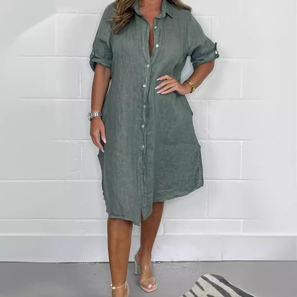 Vestido-camisa de linho, com m - Casual Loose Linen Shirt Dress avaliação e preço