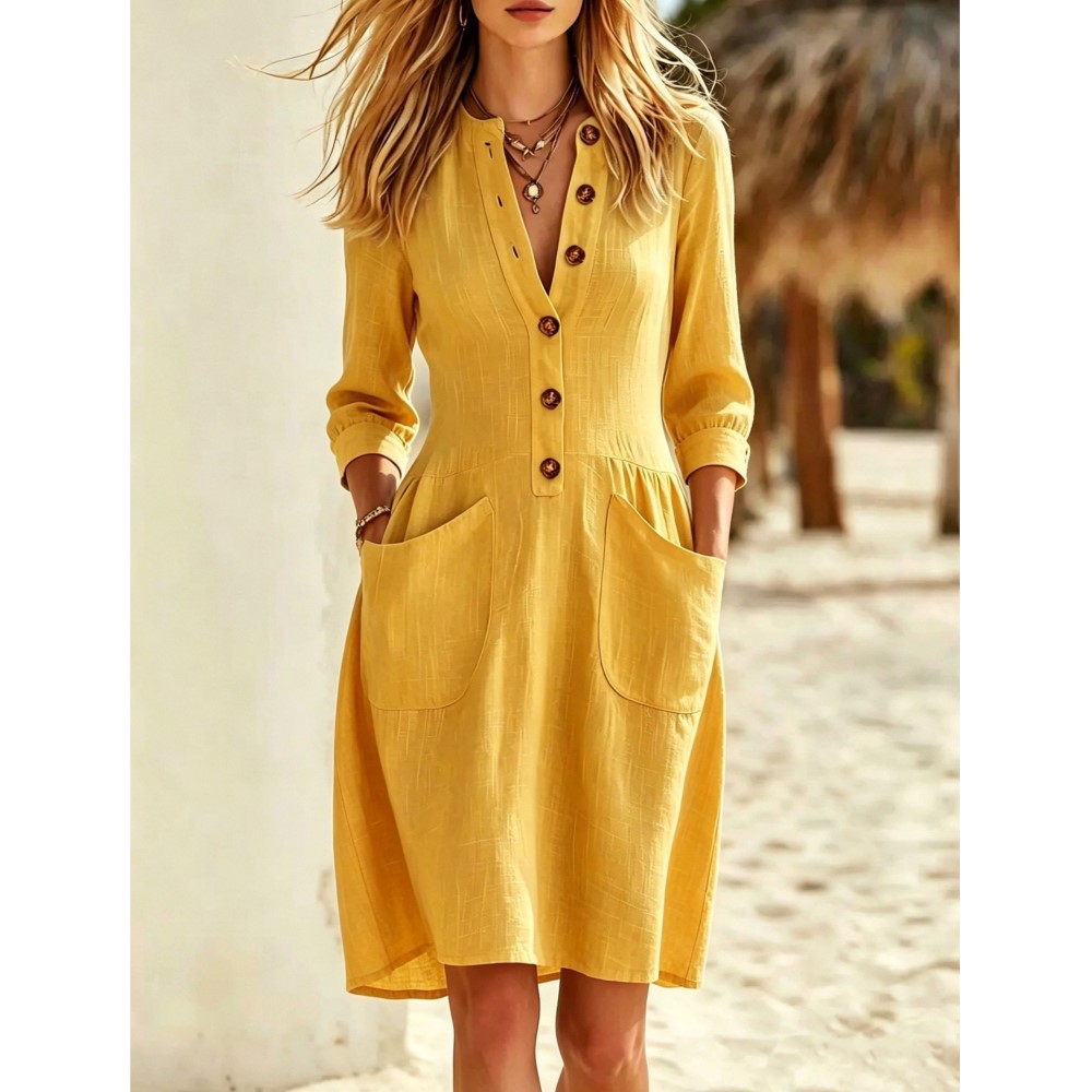 Vestido Feminino Casual de Out - Casual Loose Linen Shirt Dress avaliação e preço