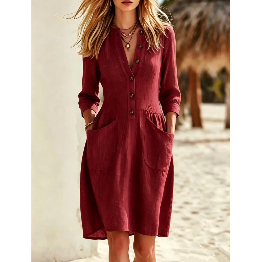 Vestido Feminino Casual de Out - Casual Loose Linen Shirt Dress avaliação e preço
