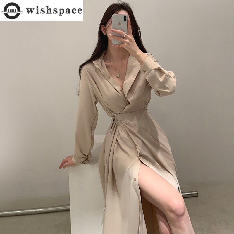 Camisa de lapela de manga comp - Korean Style A Line Shirt Dress avaliação e preço