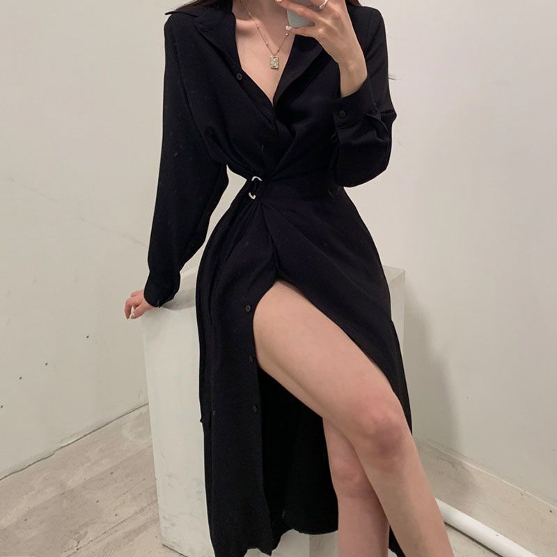 Camisa de lapela de manga comp - Korean Style A Line Shirt Dress avaliação e preço