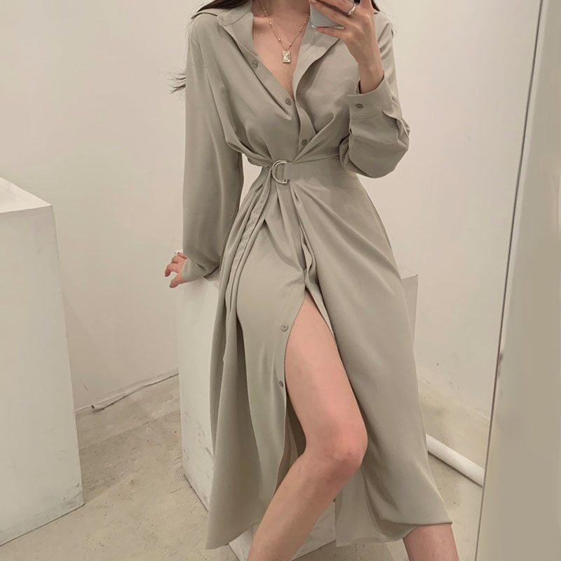 Camisa de lapela de manga comp - Korean Style A Line Shirt Dress avaliação e preço