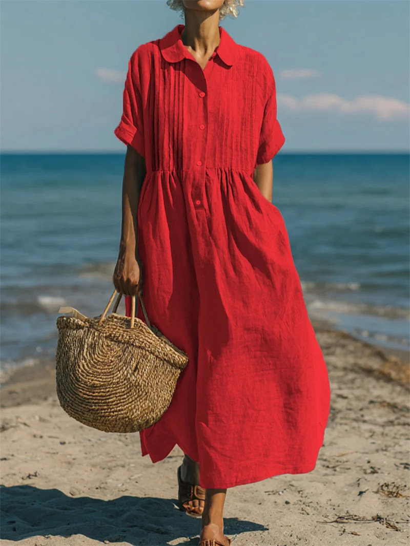 Vestido midi/maxi feminino com - Casual Loose Linen Shirt Dress avaliação e preço
