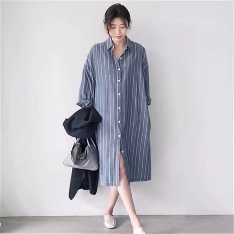 Vestido Camisa Listrado Azul F - Korean Style A Line Shirt Dress avaliação e preço